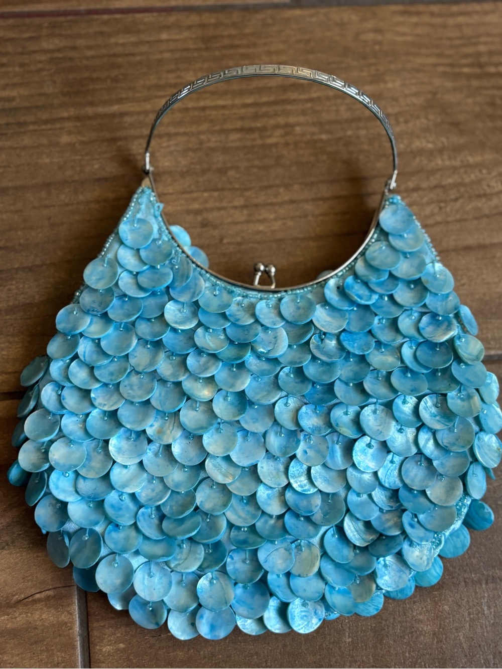 Vintage Expressions NYC Blue Mother of Pearl Shell Disc Handbag Y2K